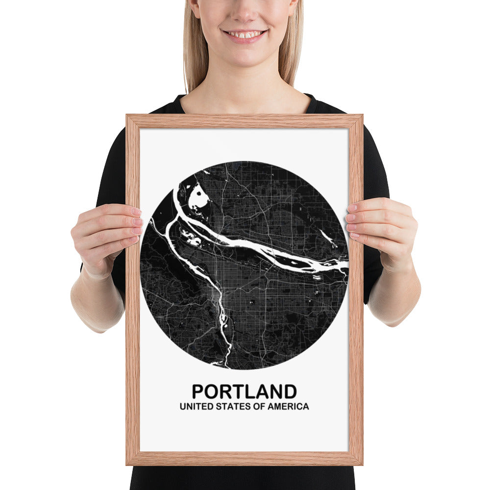 Portland Circular Black Framed Map