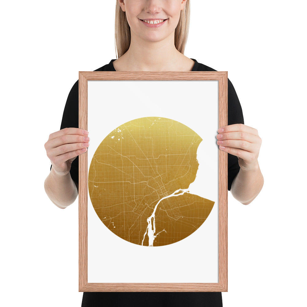 Detroit Gold on White Framed Map