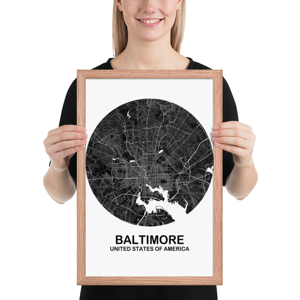 Baltimore Circular Black Framed Map