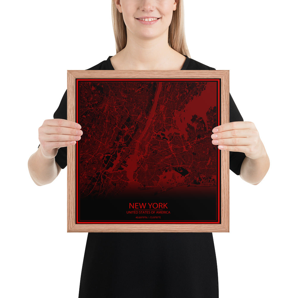 New York Black and Red Framed Map