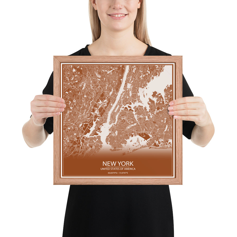 New York Brown and White Framed Map