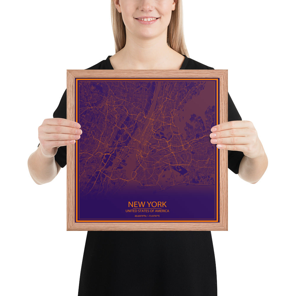 New York Purple and Orange Framed Map