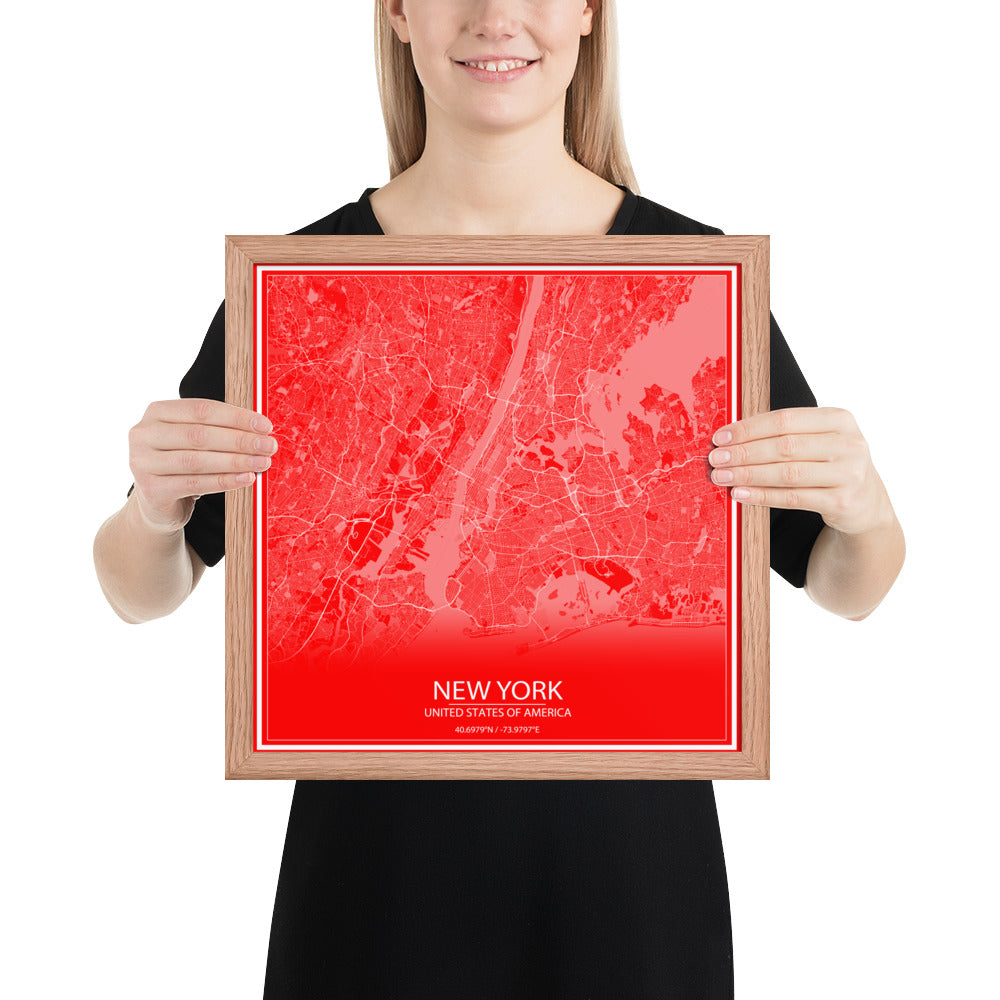 New York Red and White Framed Map