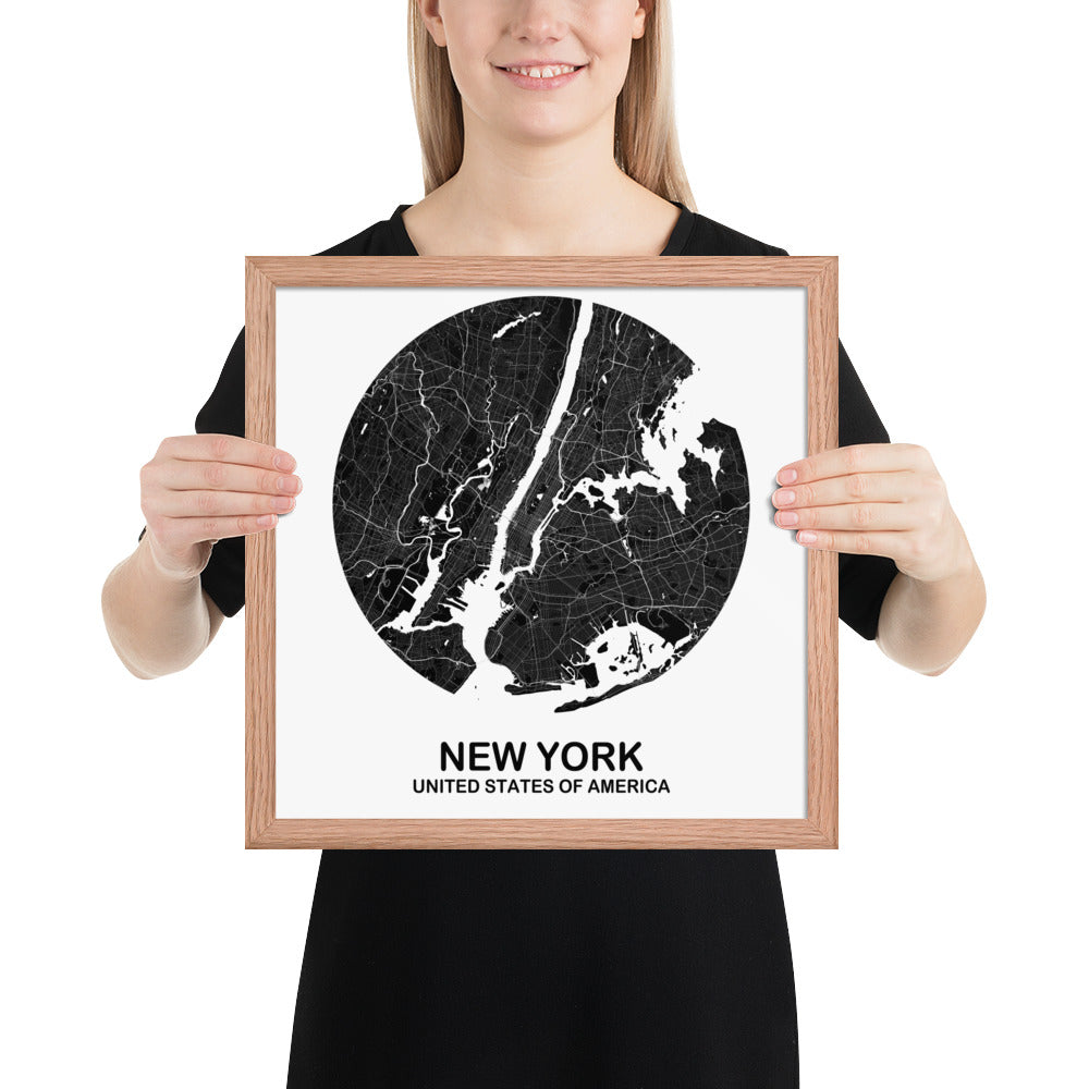 New York Circular Black Framed Map