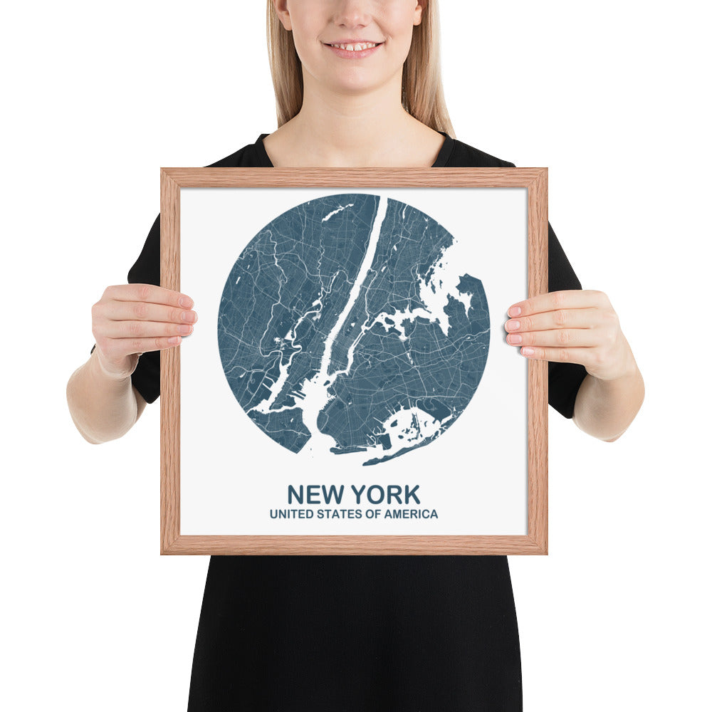 New York Circular Blue Framed Map