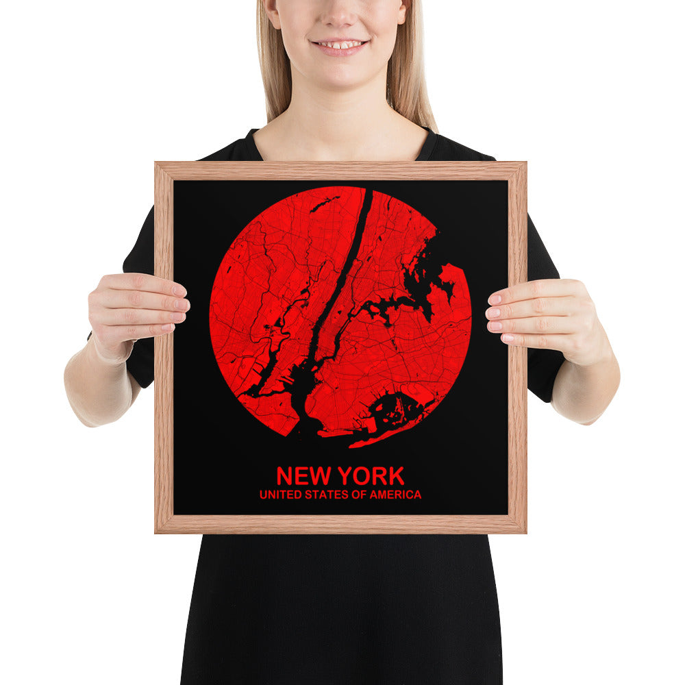 New York Circular Red Framed Map