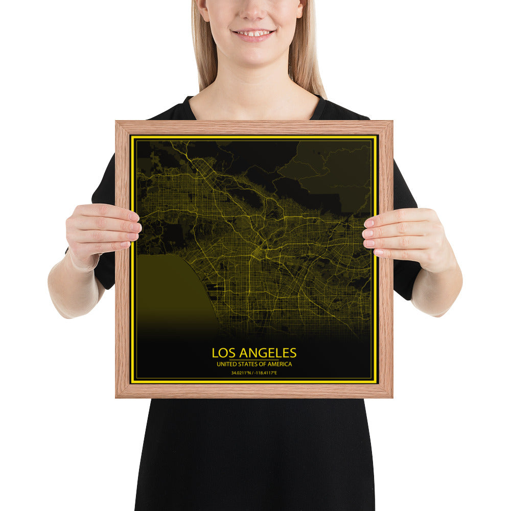 Los Angeles Black and Yellow Framed Map