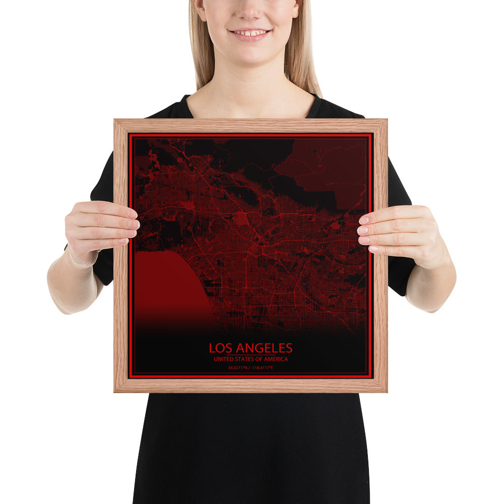 Los Angeles Black and Red Framed Map