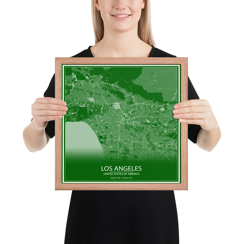 Los Angeles Green and White Framed Map