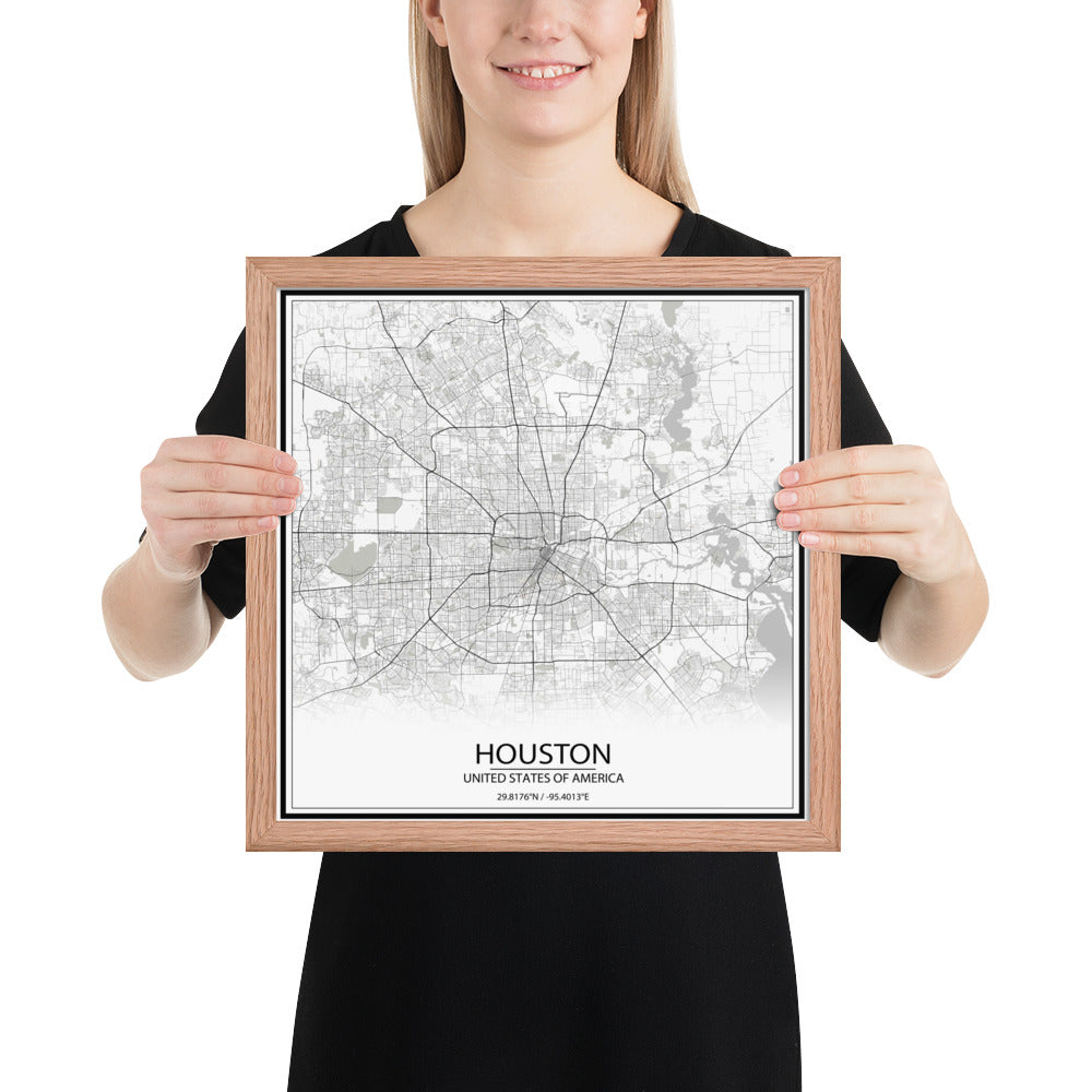 Houston White Framed Map