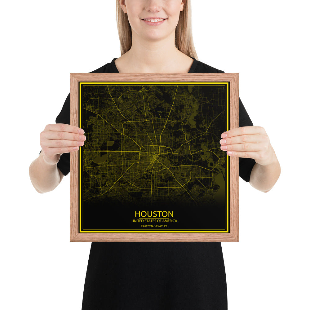 Houston Black and Yellow Framed Map