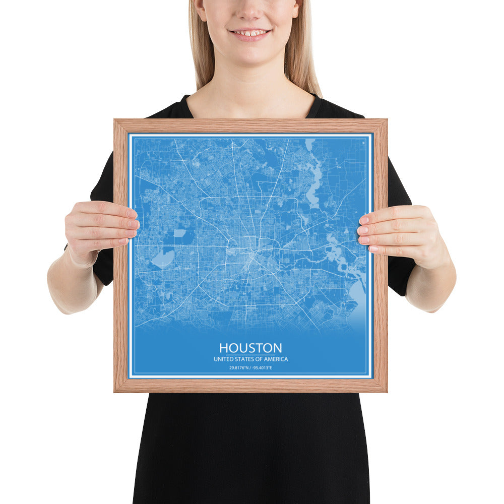 Houston Blue and White Framed Map