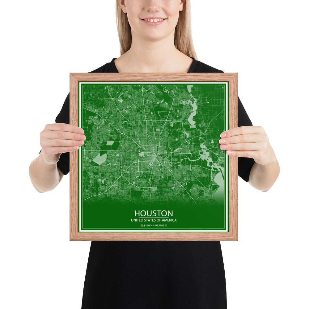 Houston Green and White Framed Map