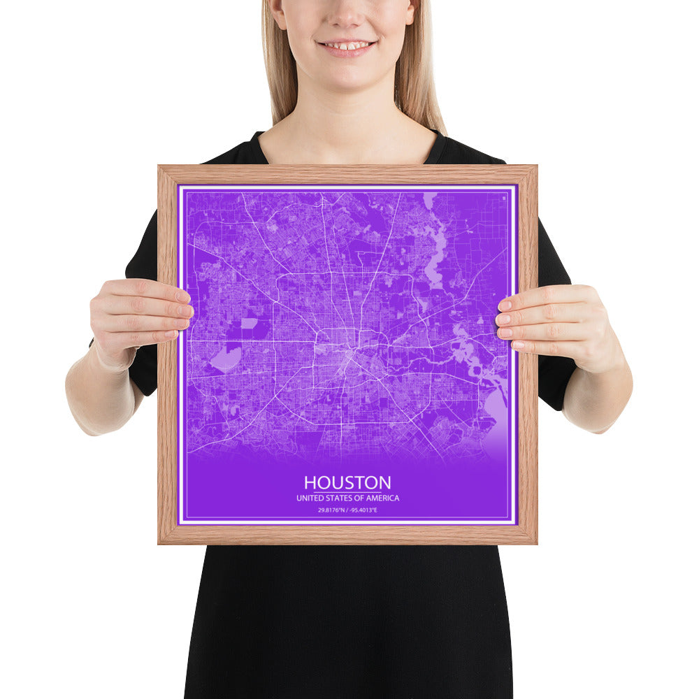 Houston Purple and White Framed Map