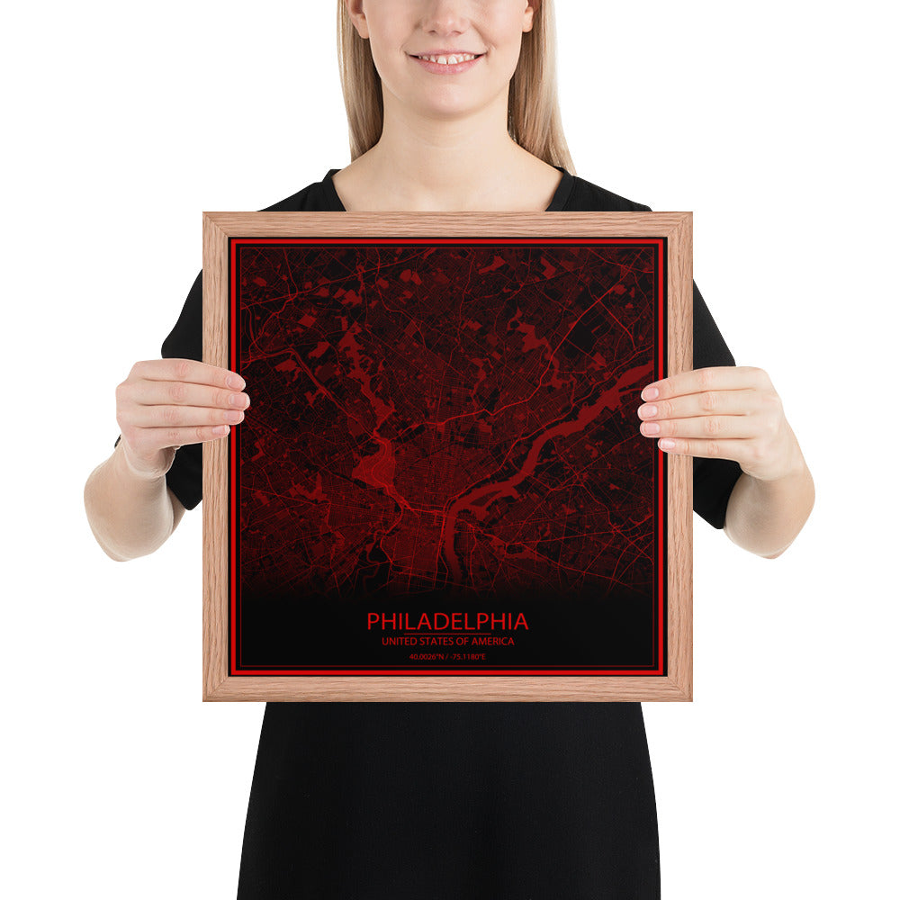 Philadelphia Black and Red Framed Map