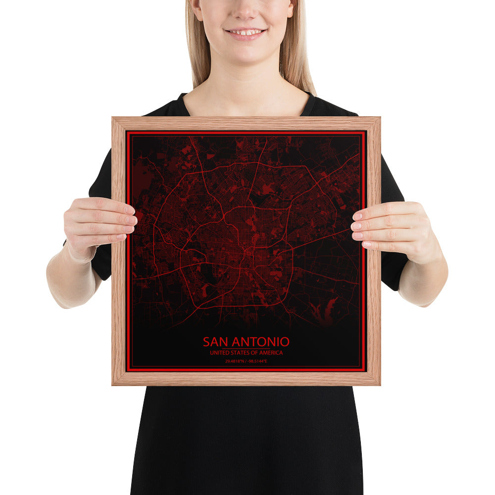 San Antonio Black and Red Framed Map