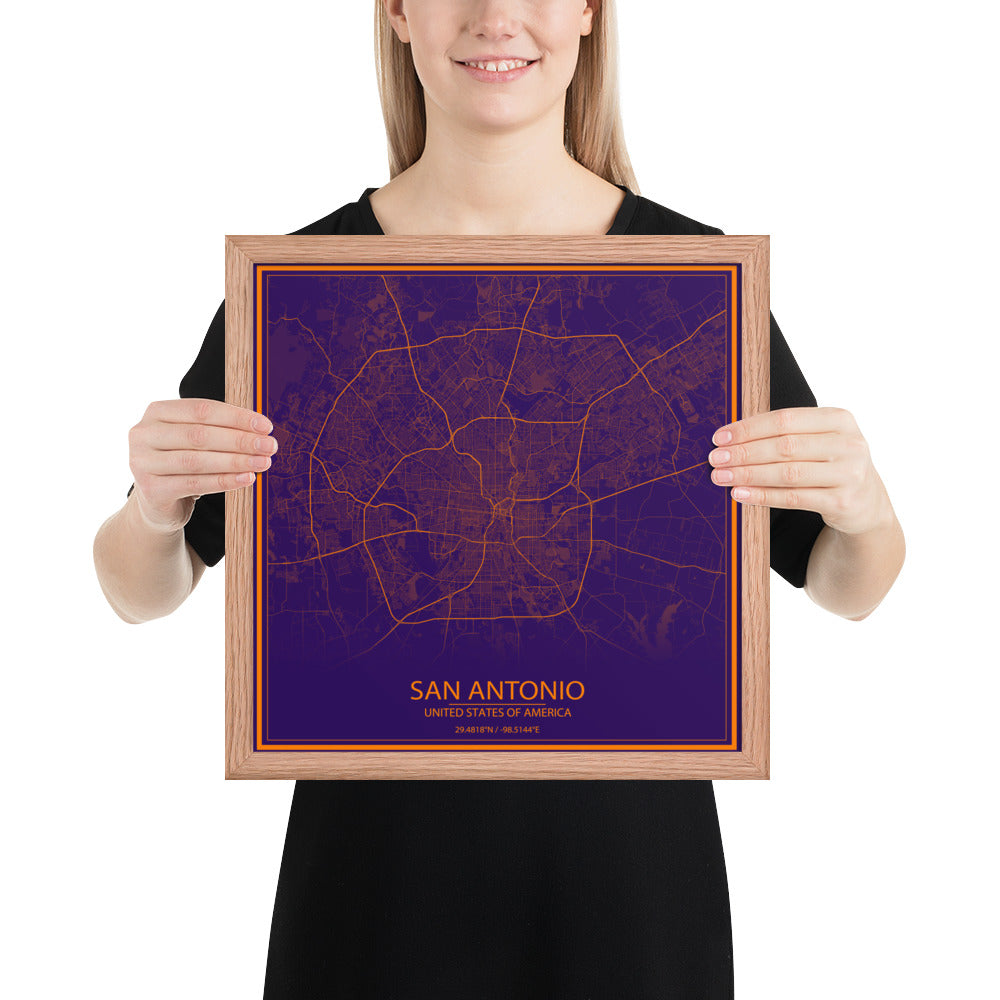 San Antonio Purple and Orange Framed Map