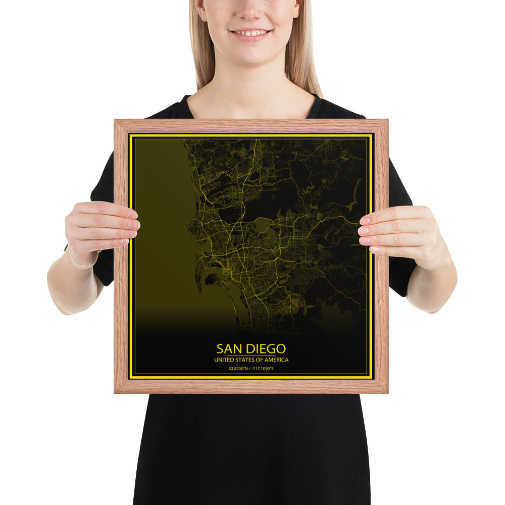 San Diego Black and Yellow Framed Map