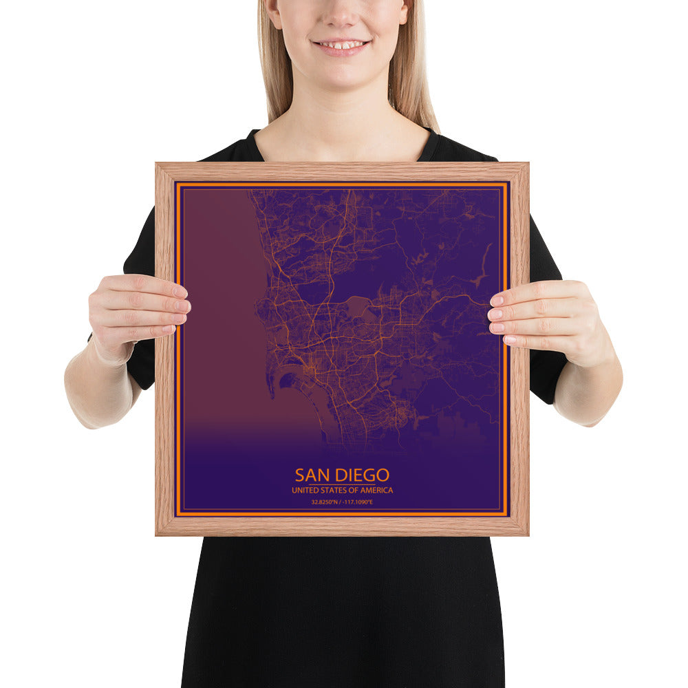 San Diego Purple and Orange Framed Map