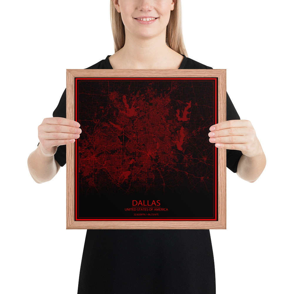 Dallas Black and Red Framed Map