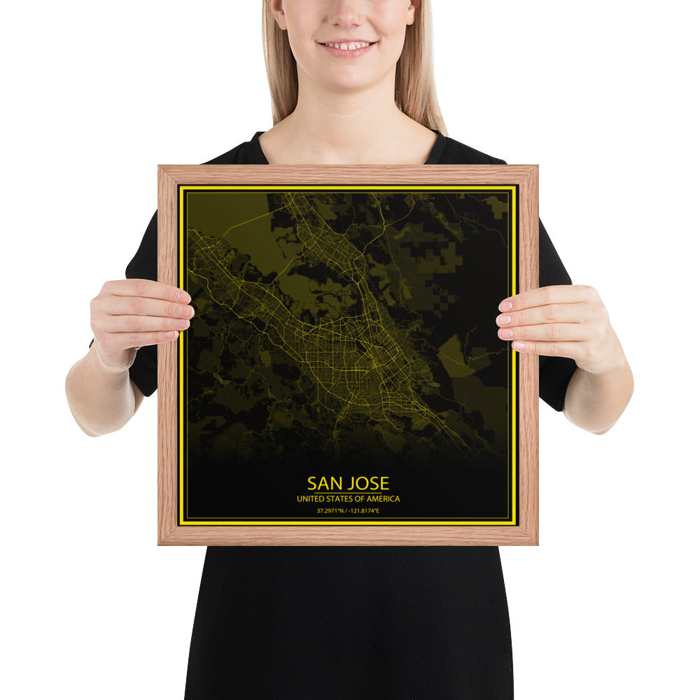 San Jose Black and Yellow Framed Map