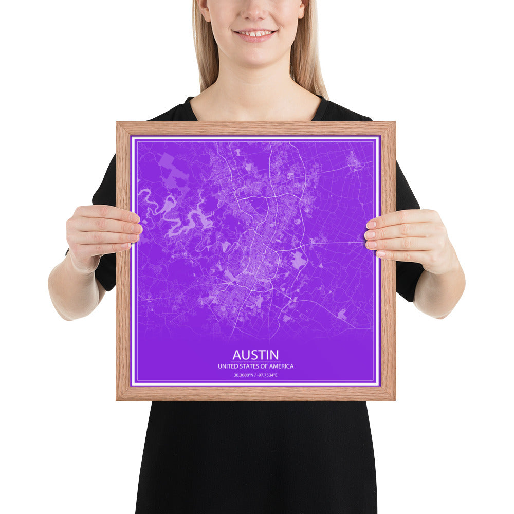 Austin Purple and White Framed Map