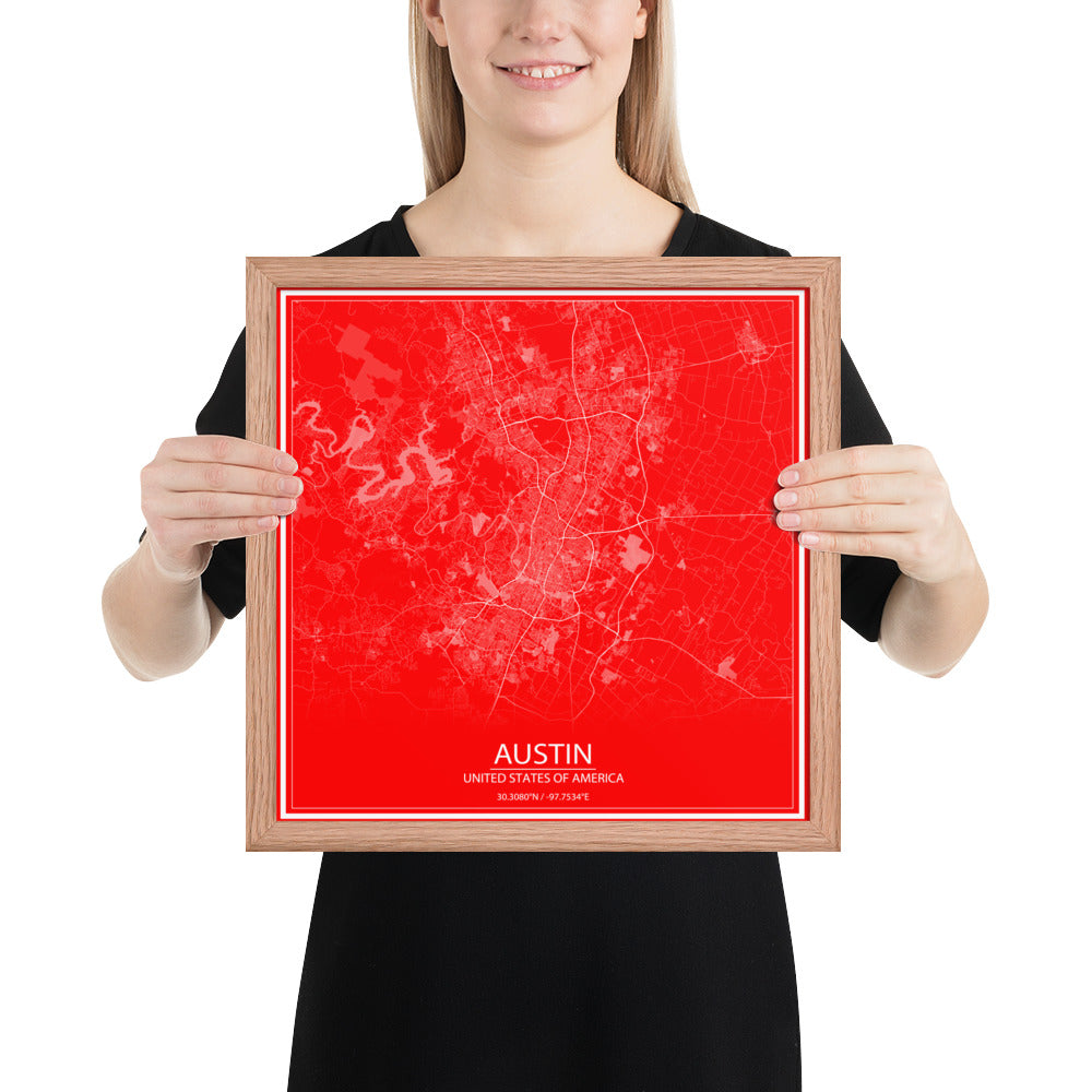 Austin Red and White Framed Map