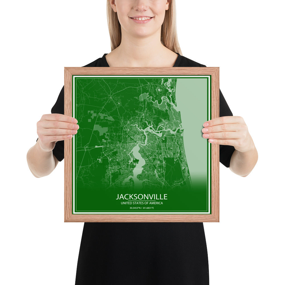 Jacksonville Green and White Framed Map