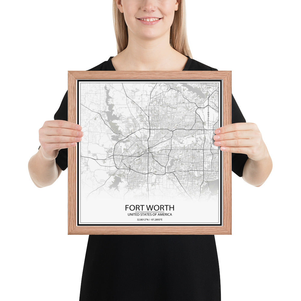 Fort Worth White Framed Map