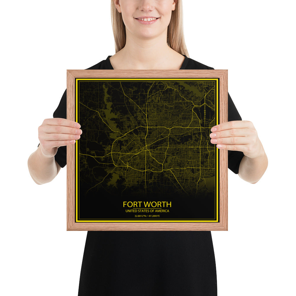 Fort Worth Black and Yellow Framed Map