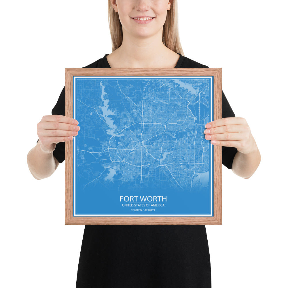 Fort Worth Blue and White Framed Map