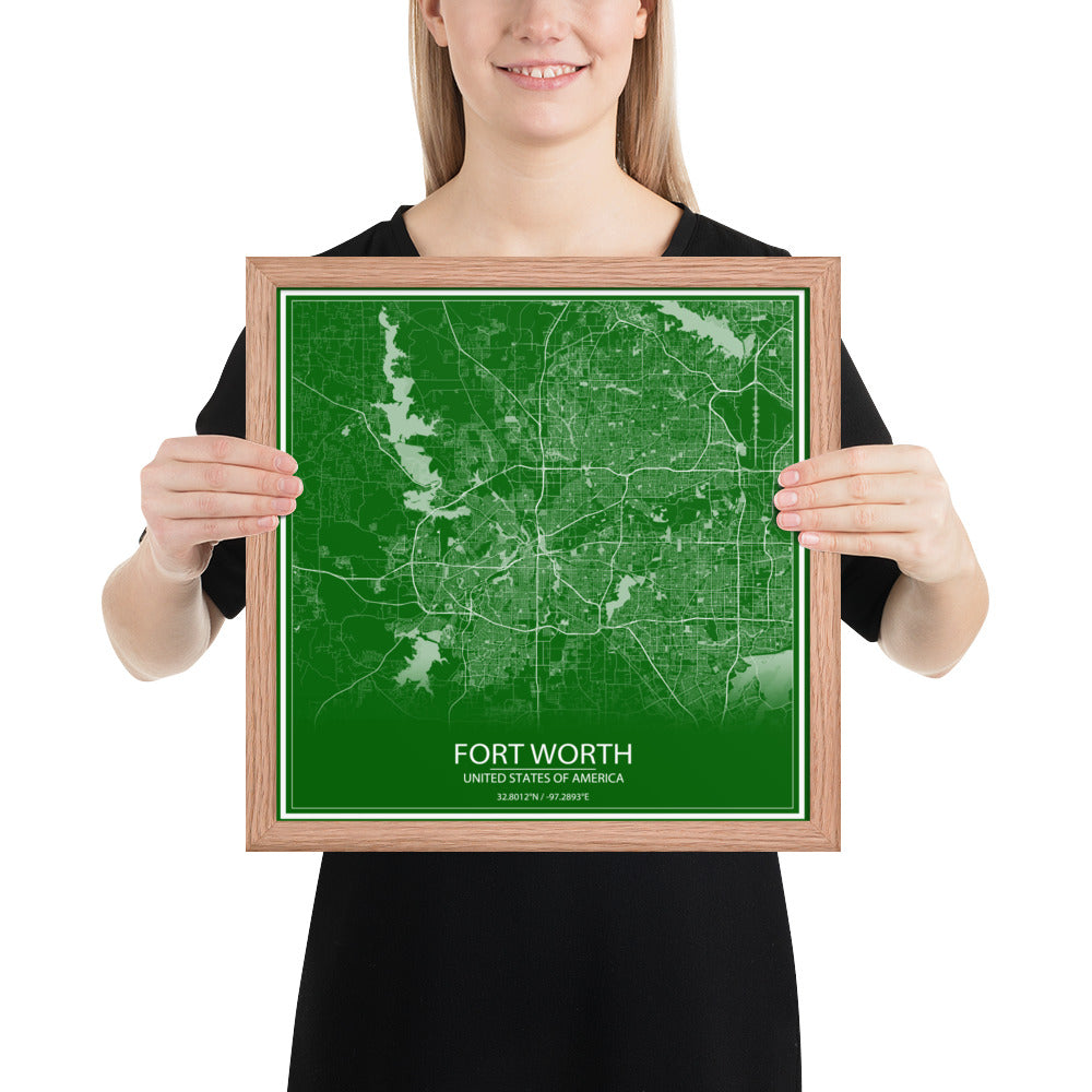 Fort Worth Green and White Framed Map