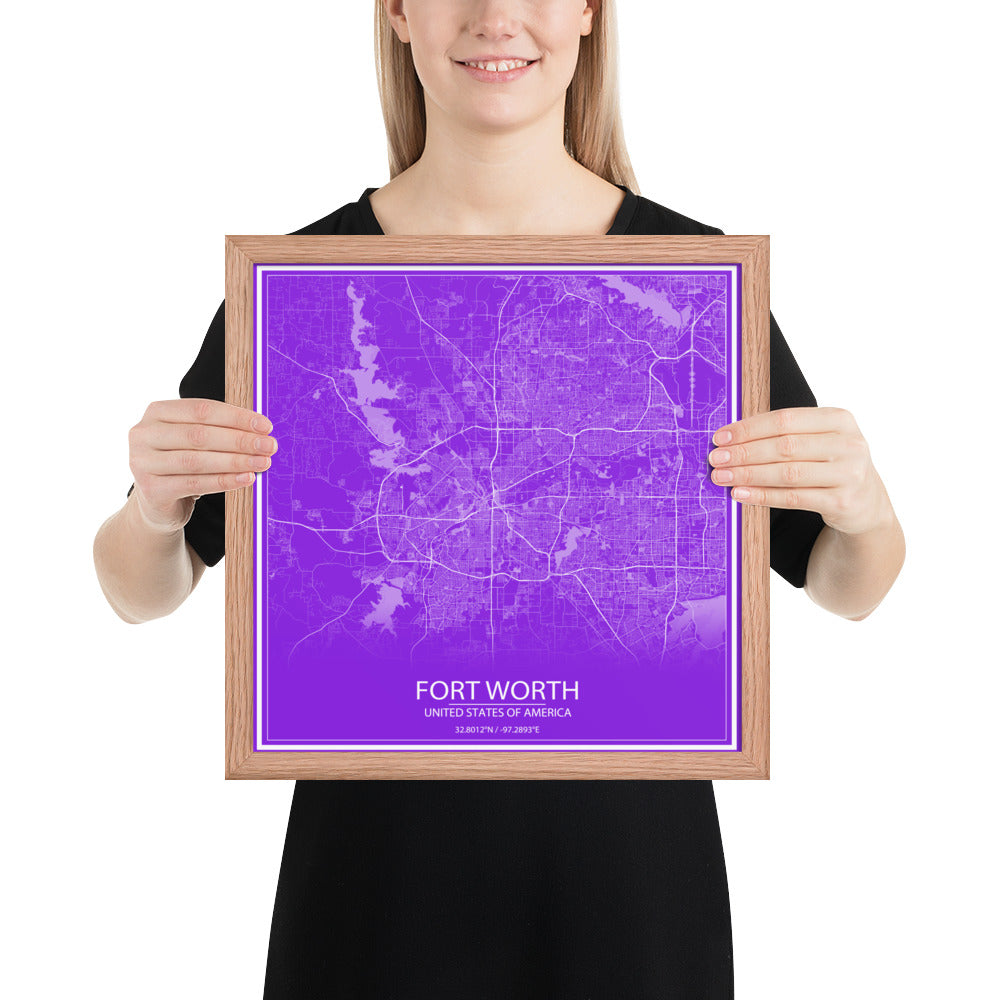 Fort Worth Purple and White Framed Map