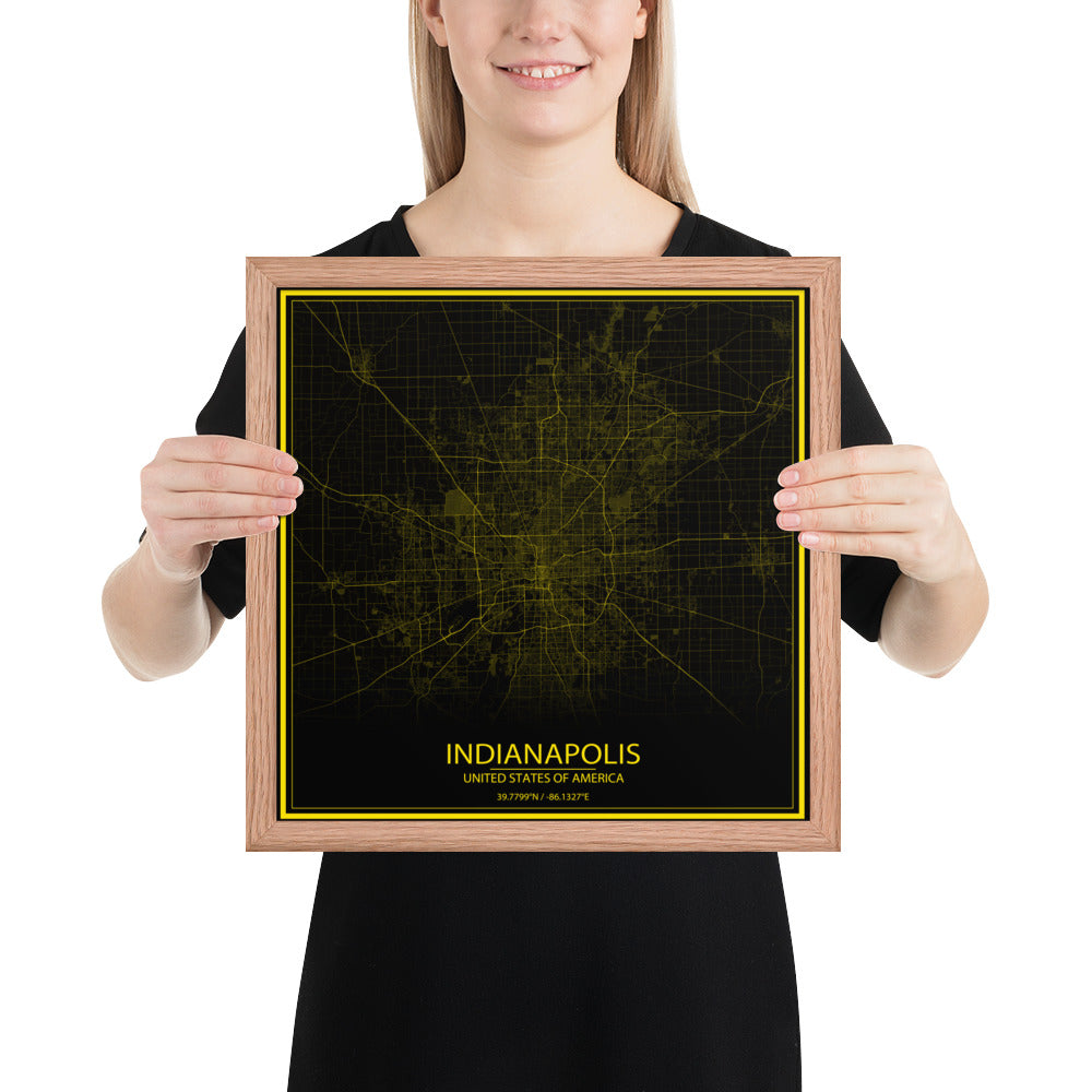 Indianapolis Black and Yellow Framed Map