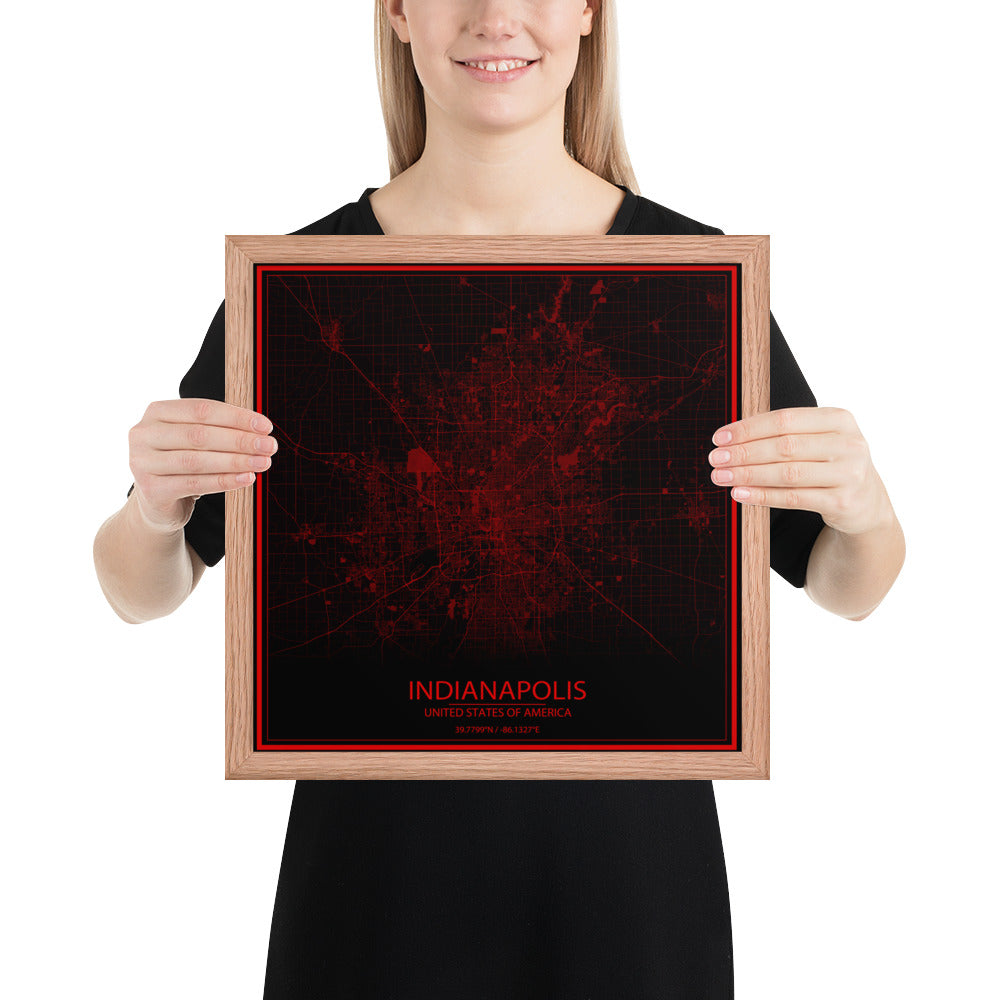 Indianapolis Black and Red Framed Map