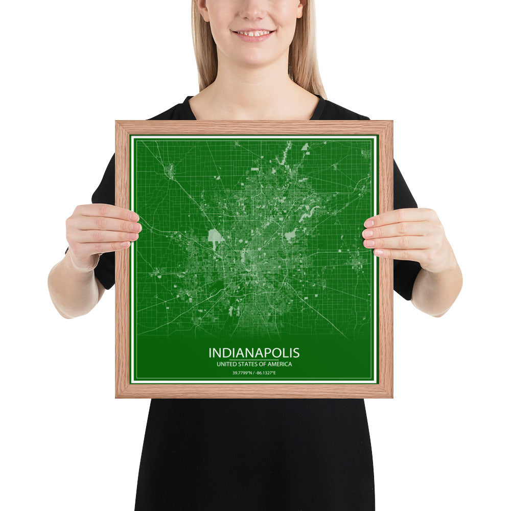 Indianapolis Green and White Framed Map