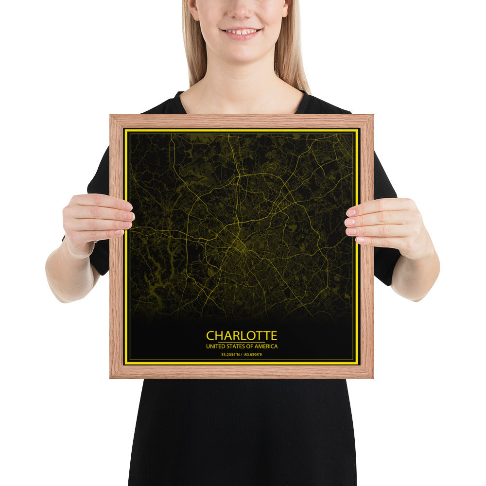 Charlotte Black and Yellow Framed Map