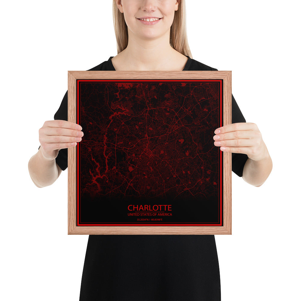 Charlotte Black and Red Framed Map