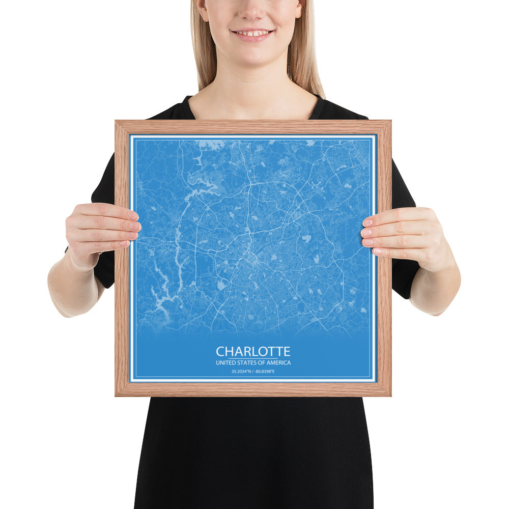 Charlotte Blue and White Framed Map