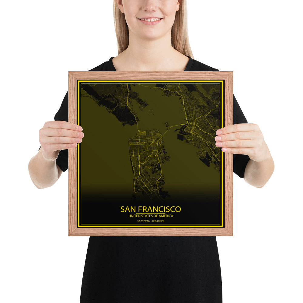 San Francisco Black and Yellow Framed Map