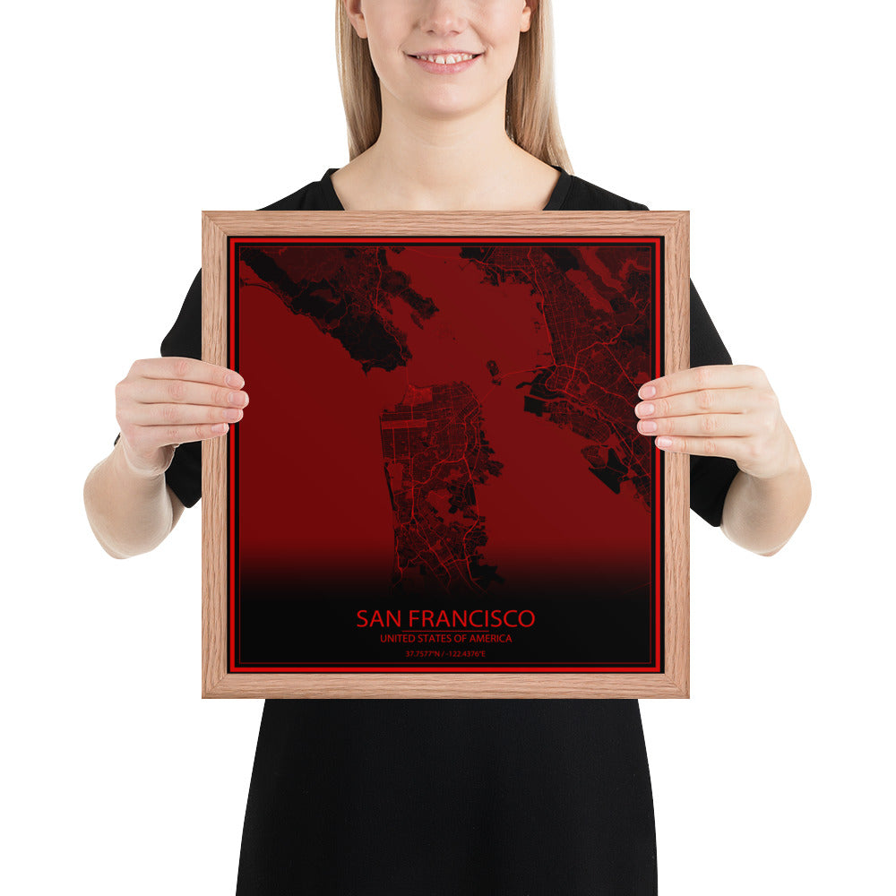 San Francisco Black and Red Framed Map