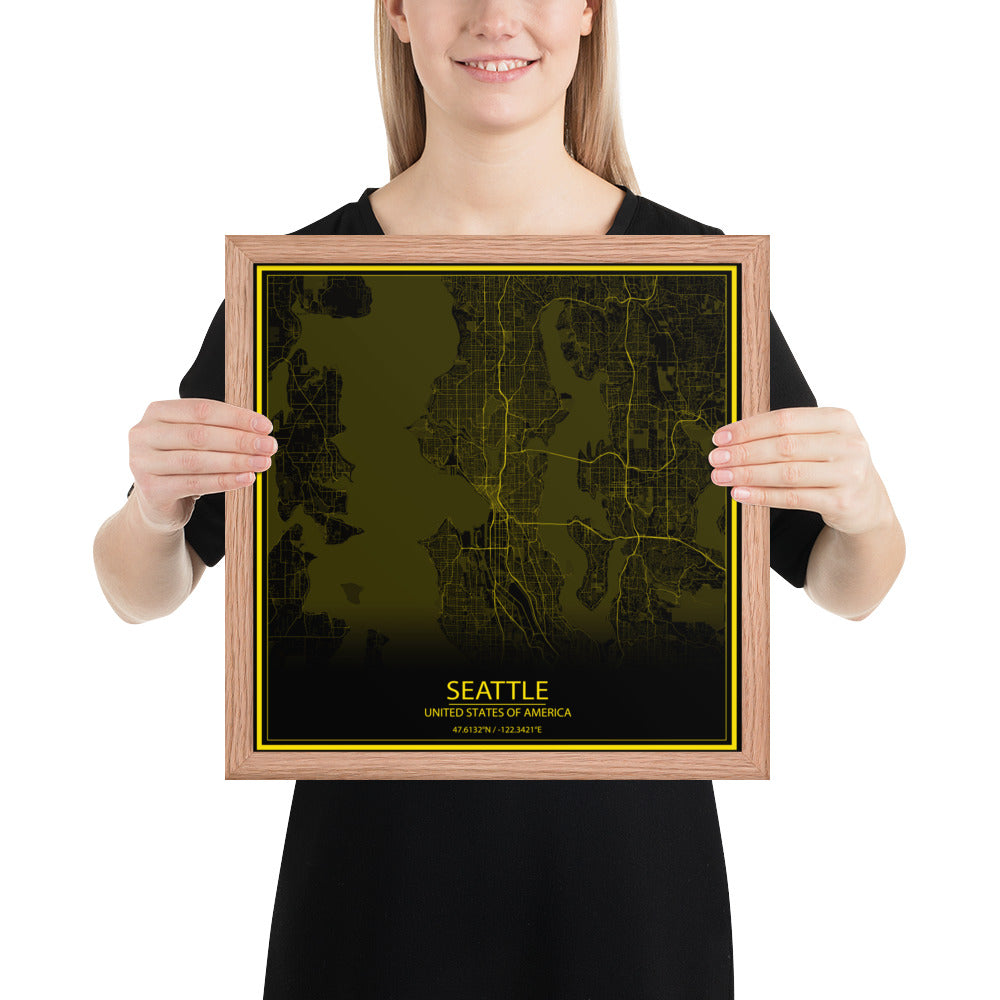 Seattle Black and Yellow Framed Map