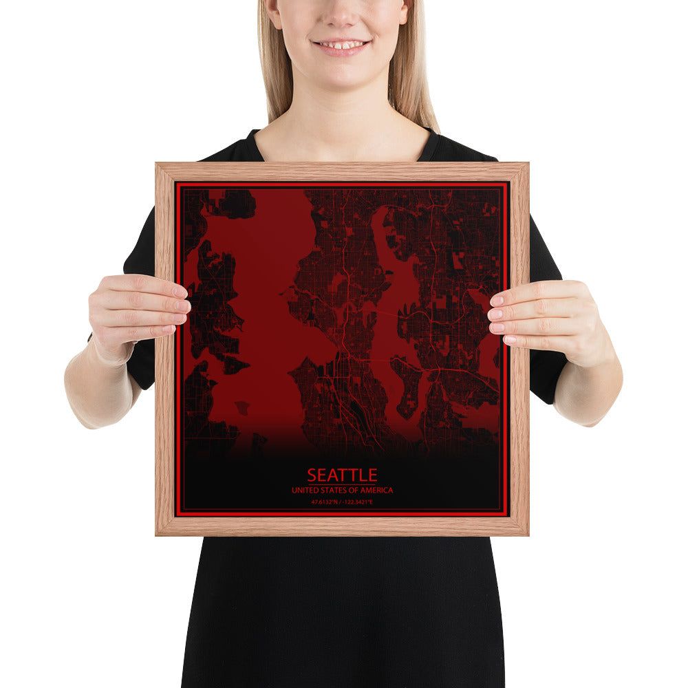 Seattle Black and Red Framed Map