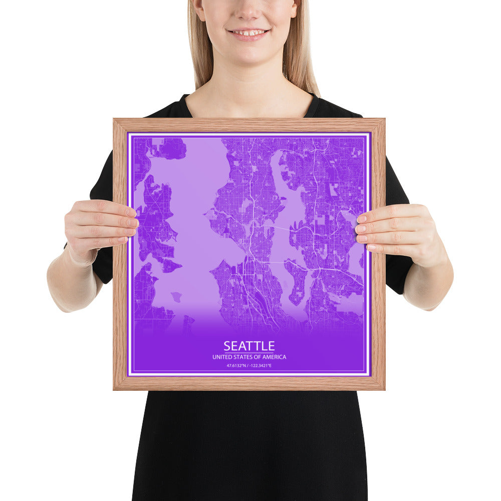 Seattle Purple and White Framed Map