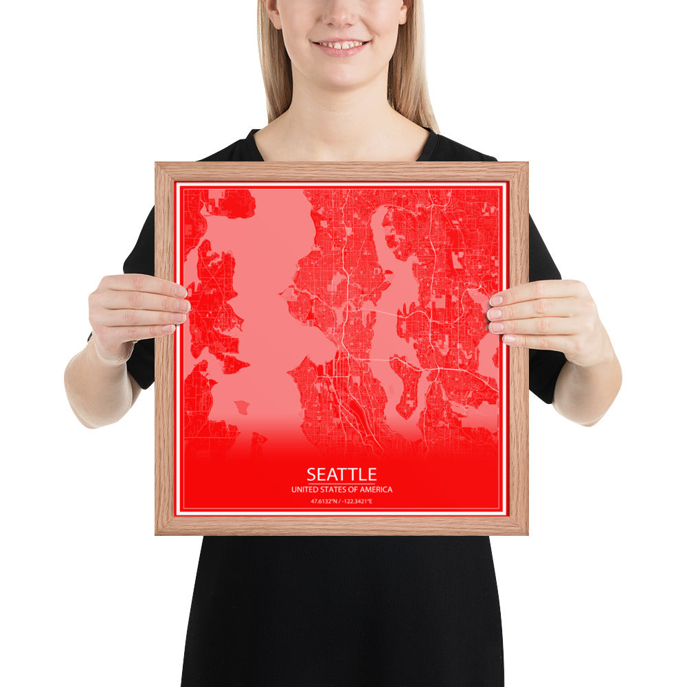 Seattle Red and White Framed Map