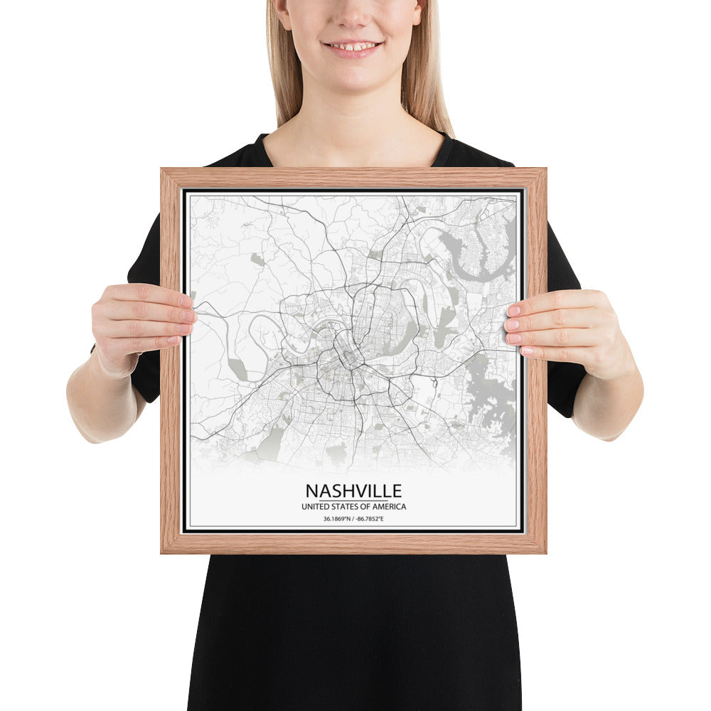 Nashville White Framed Map