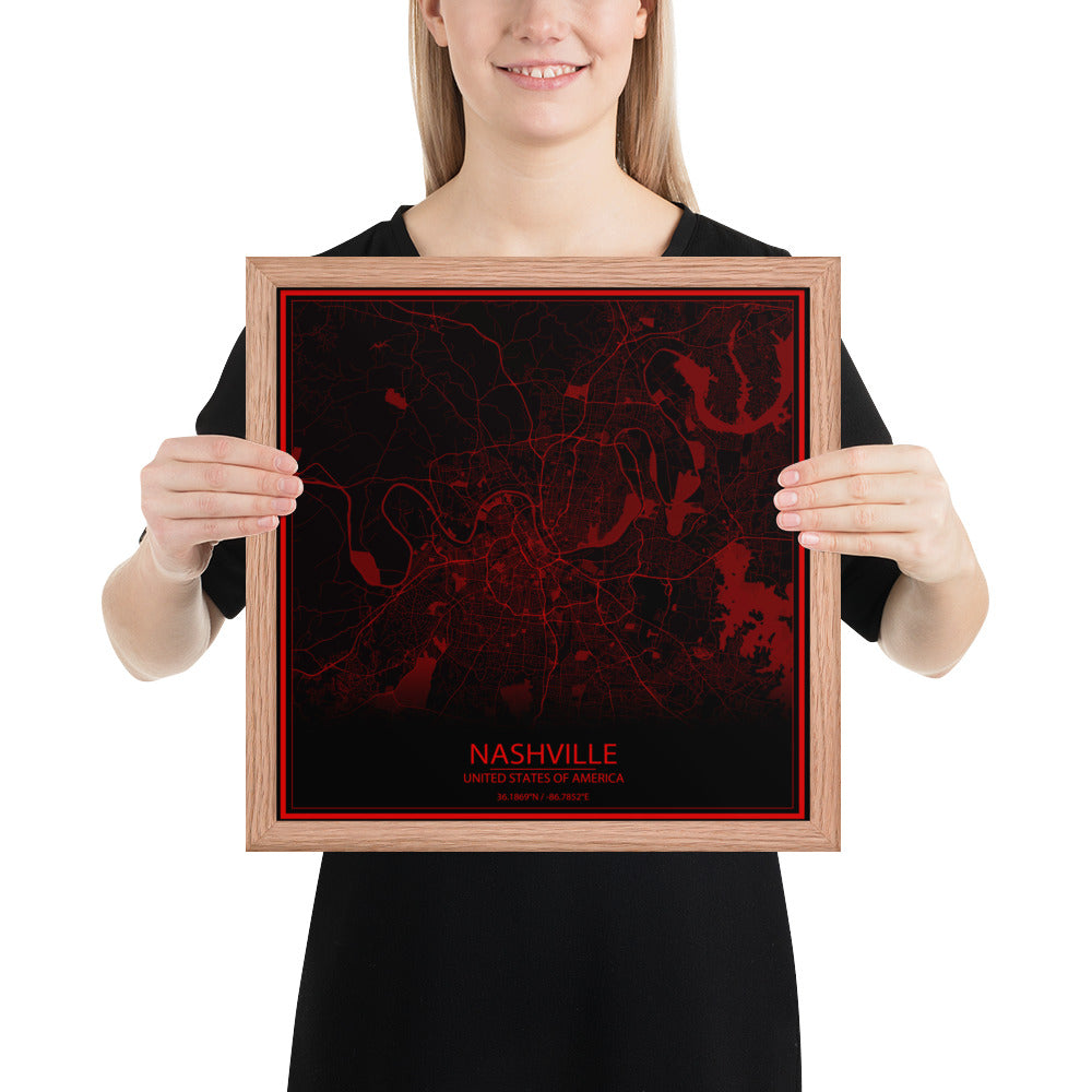 Nashville Black and Red Framed Map