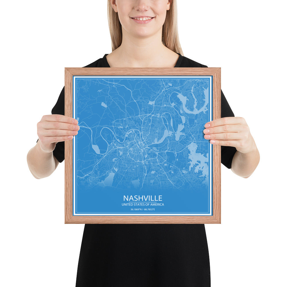 Nashville Blue and White Framed Map