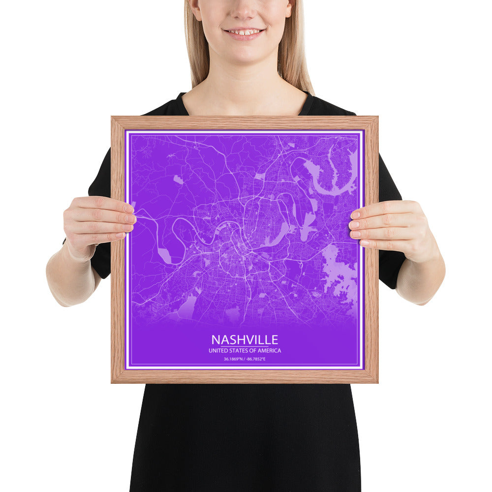 Nashville Purple and White Framed Map