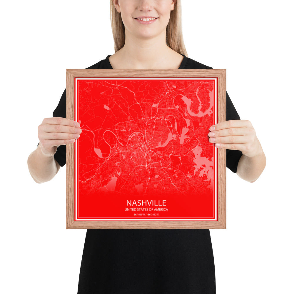 Nashville Red and White Framed Map